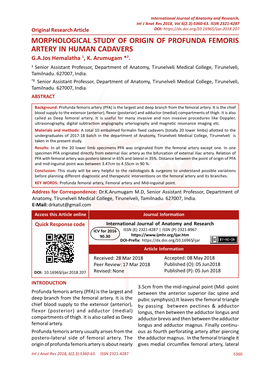 MORPHOLOGICAL STUDY of ORIGIN of PROFUNDA FEMORIS ARTERY in HUMAN CADAVERS G.A.Jos Hemalatha 1, K