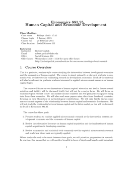 Economics 881.25 Human Capital and Economic Development