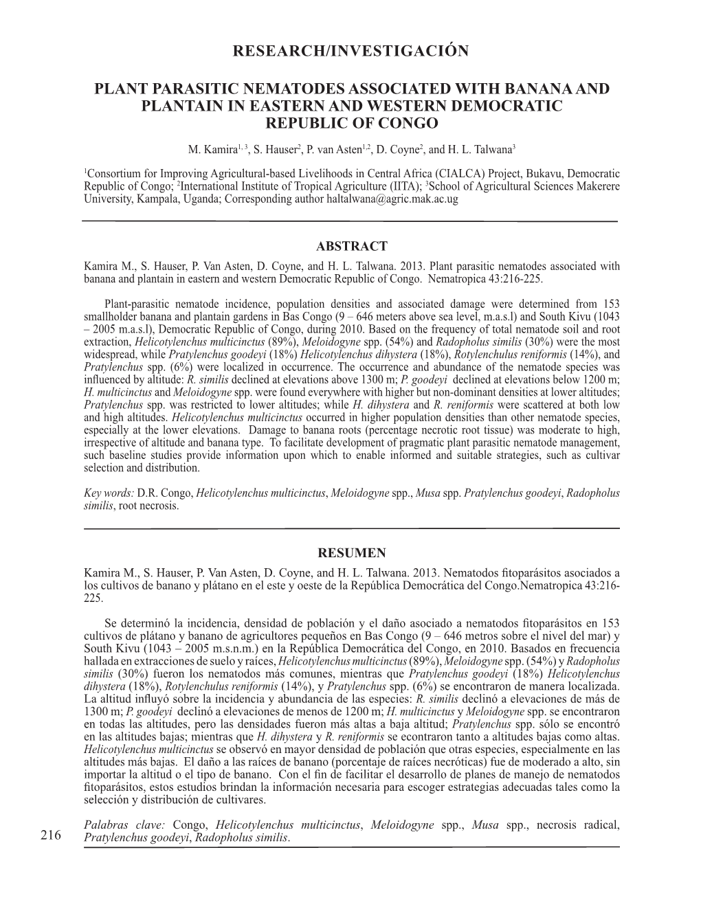 Research/Investigación Plant Parasitic Nematodes