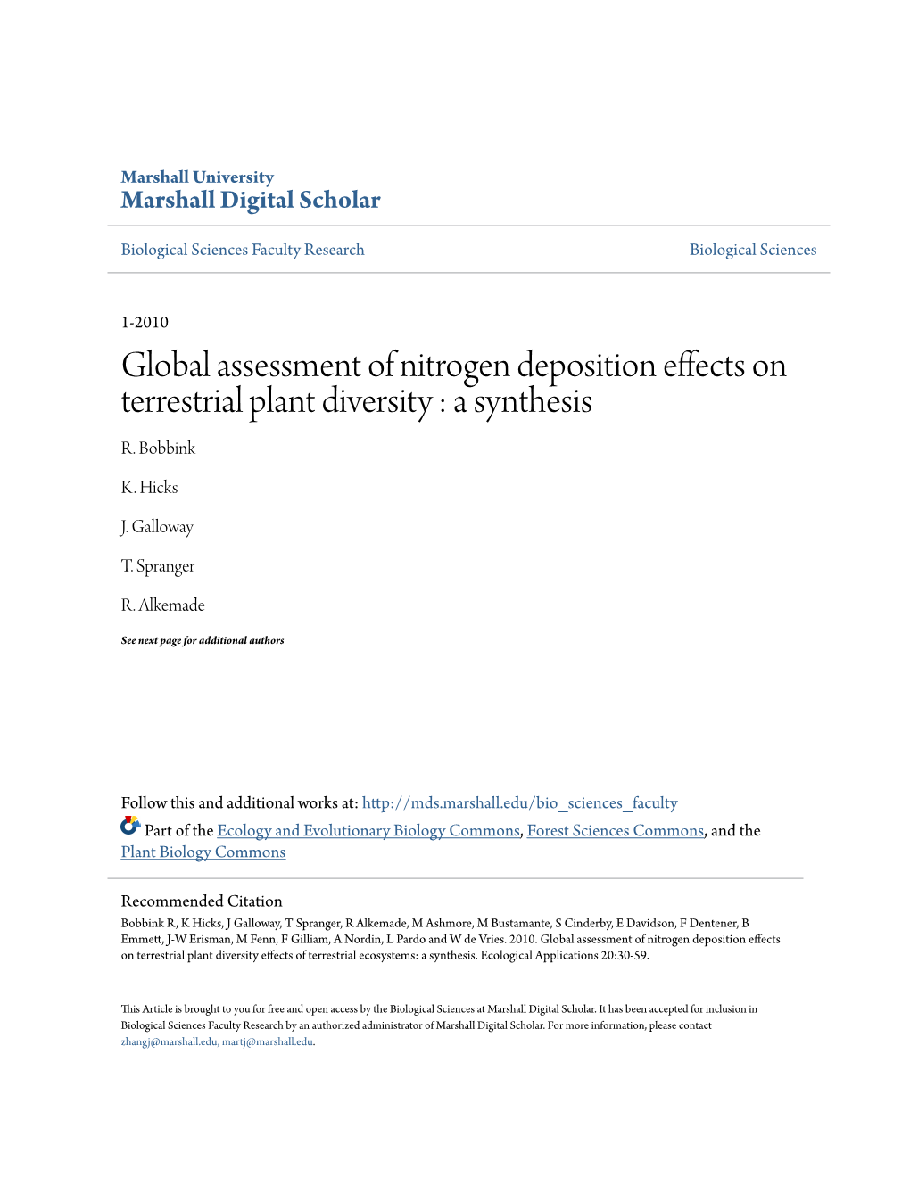 Global Assessment of Nitrogen Deposition Effects on Terrestrial Plant Diversity : a Synthesis R