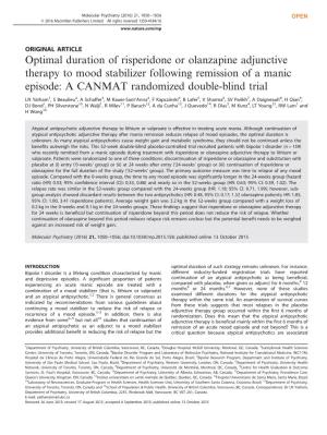 Optimal Duration of Risperidone Or Olanzapine Adjunctive Therapy to Mood Stabilizer Following Remission of a Manic Episode: a CANMAT Randomized Double-Blind Trial