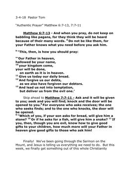 Authentic Prayer” Matthew 6:7-13, 7:7-11