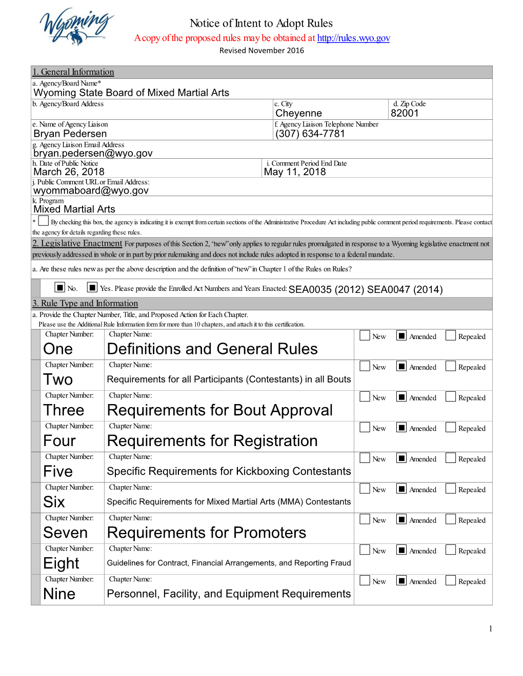 One Definitions and General Rules Two Three Requirements for Bout Approval Four Requirements for Registration Five Six Seven