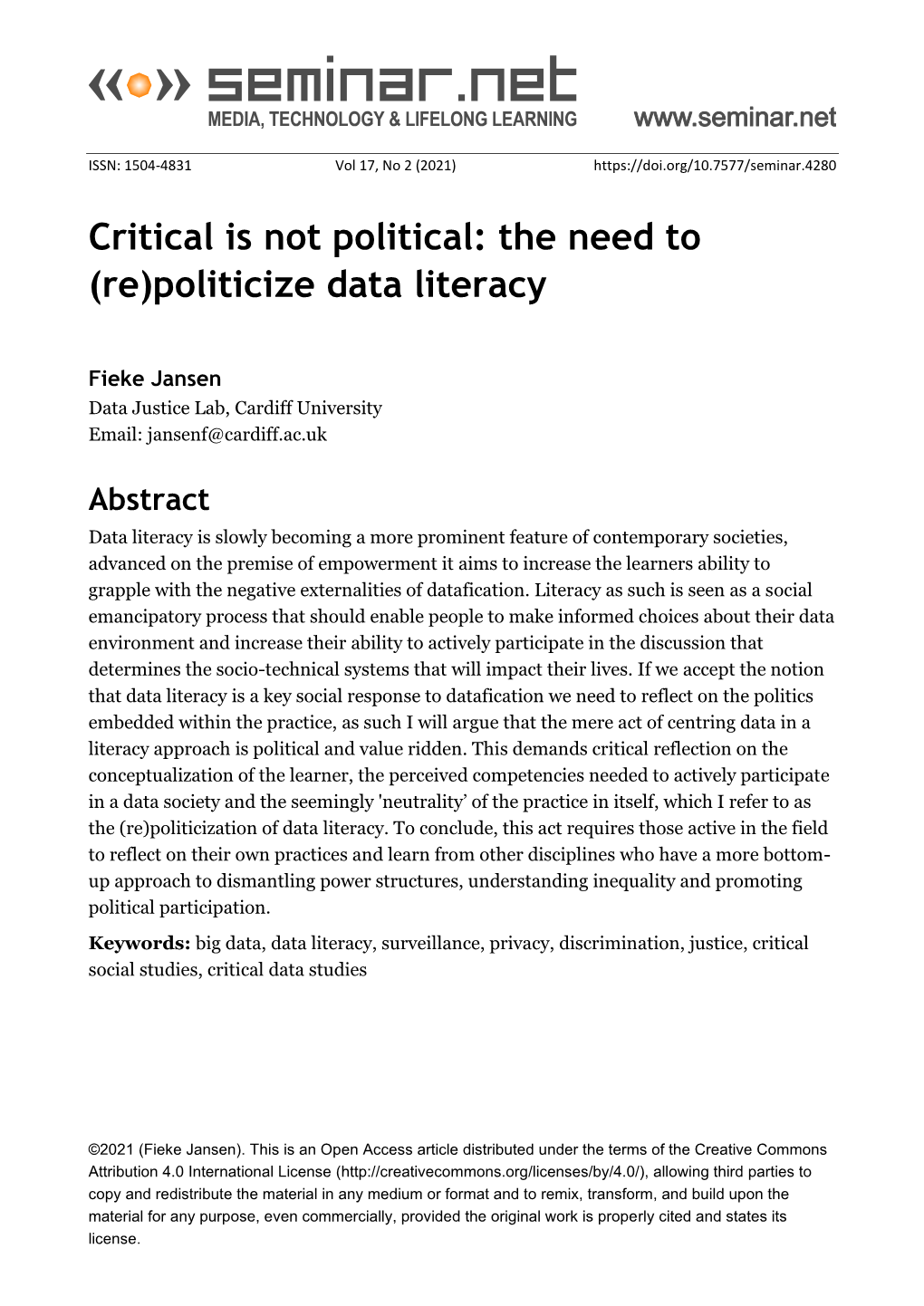 Critical Is Not Political: the Need to (Re)Politicize Data Literacy