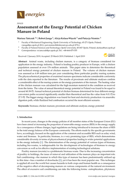 Assessment of the Energy Potential of Chicken Manure in Poland