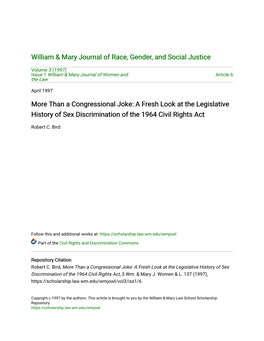 Than a Congressional Joke: a Fresh Look at the Legislative History of Sex Discrimination of the 1964 Civil Rights Act