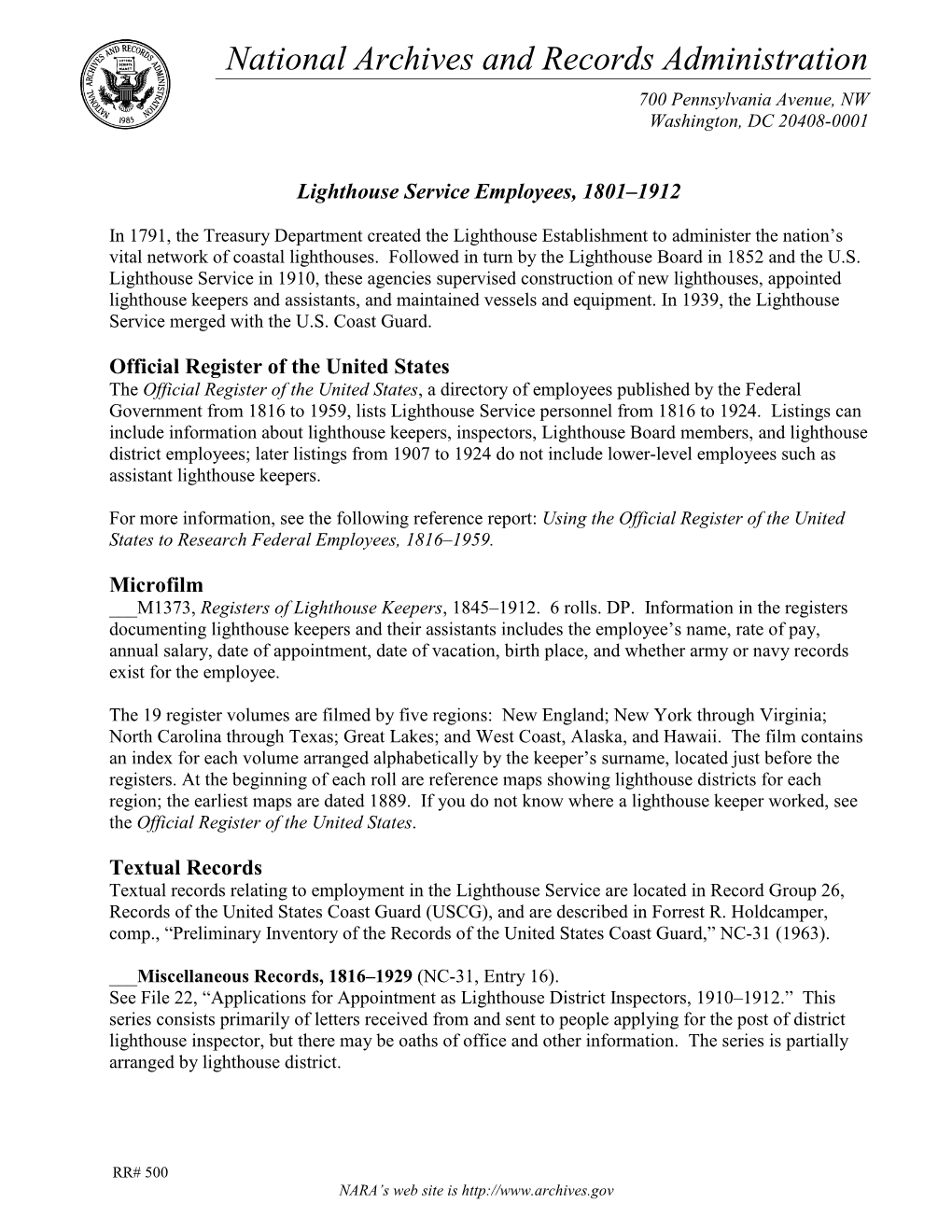 Lighthouse Service Employees, 1801-1912