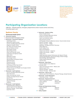 Participating Organization Locations UMP Plus – PSHVN Hospitals, Emergency Departments And/Or Trauma Centers and Clinics, Including Urgent Care