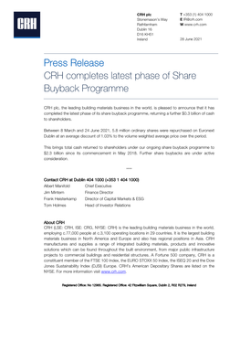 Press Release CRH Completes Latest Phase of Share Buyback Programme