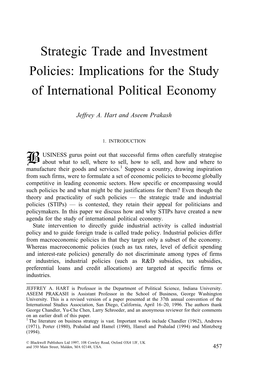Strategic Trade and Investment Policies: Implications for the Study of International Political Economy