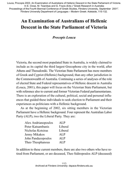 An Examination of Australians of Hellenic Descent in the State Parliament of Victoria