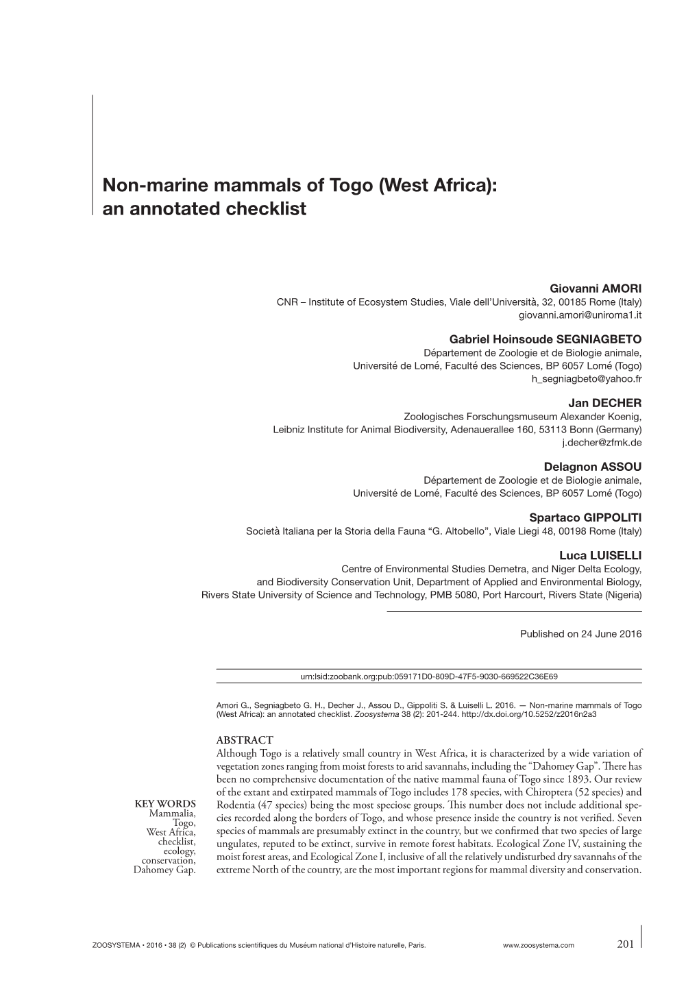 Non-Marine Mammals of Togo (West Africa): an Annotated Checklist