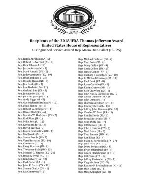 Recipients of the 2018 IFDA Thomas Jefferson Award United States House of Representatives
