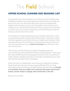 Upper School Summer Reading List