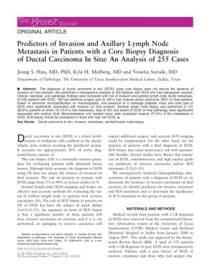 Predictors of Invasion and Axillary Lymph Node Metastasis in Patients with a Core Biopsy Diagnosis of Ductal Carcinoma in Situ: an Analysis of 255 Cases