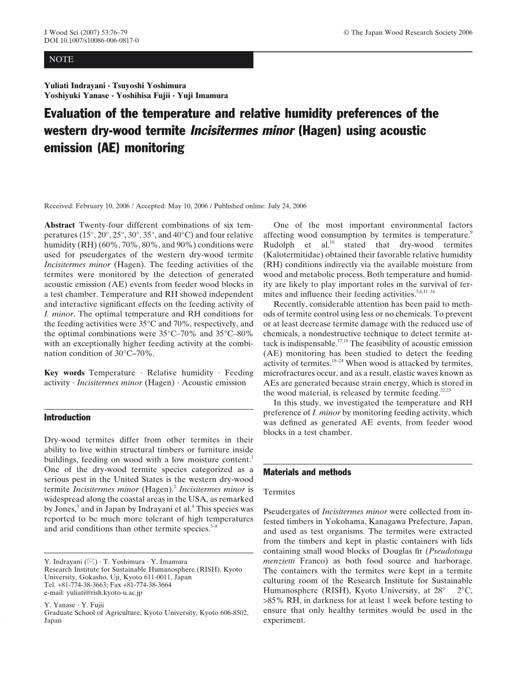 Evaluation of the Temperature and Relative Humidity Preferences of the Western Dry-Wood Termite Incisitermes Minor (Hagen) Using Acoustic Emission (AE) Monitoring