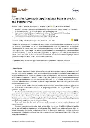 Alloys for Aeronautic Applications: State of the Art and Perspectives