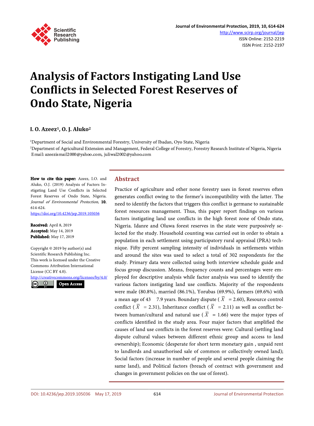 Analysis of Factors Instigating Land Use Conflicts in Selected Forest Reserves of Ondo State, Nigeria