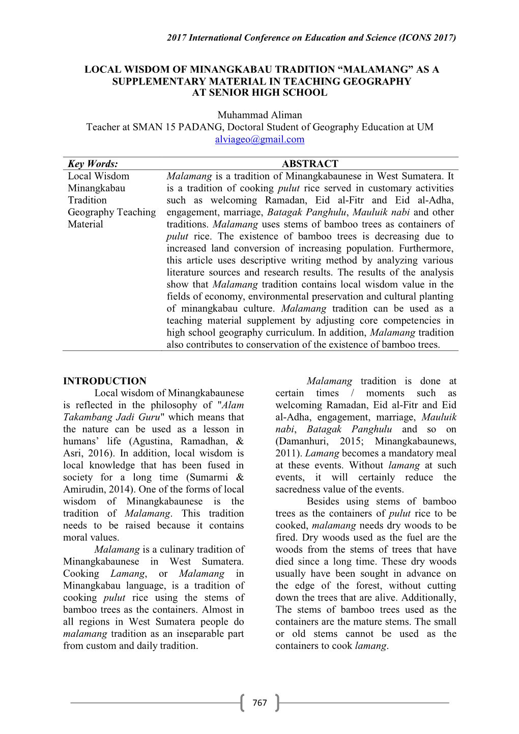 Local Wisdom of Minangkabau Tradition “Malamang” As a Supplementary Material in Teaching Geography at Senior High School