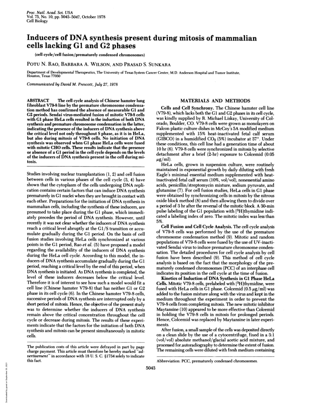 Inducers of DNA Synthesis Present During Mitosis of Mammalian Cells Lacking G1 and G2 Phases (Cell Cycle/Cell Fusion/Prematurely Condensed Chromosomes) POTU N