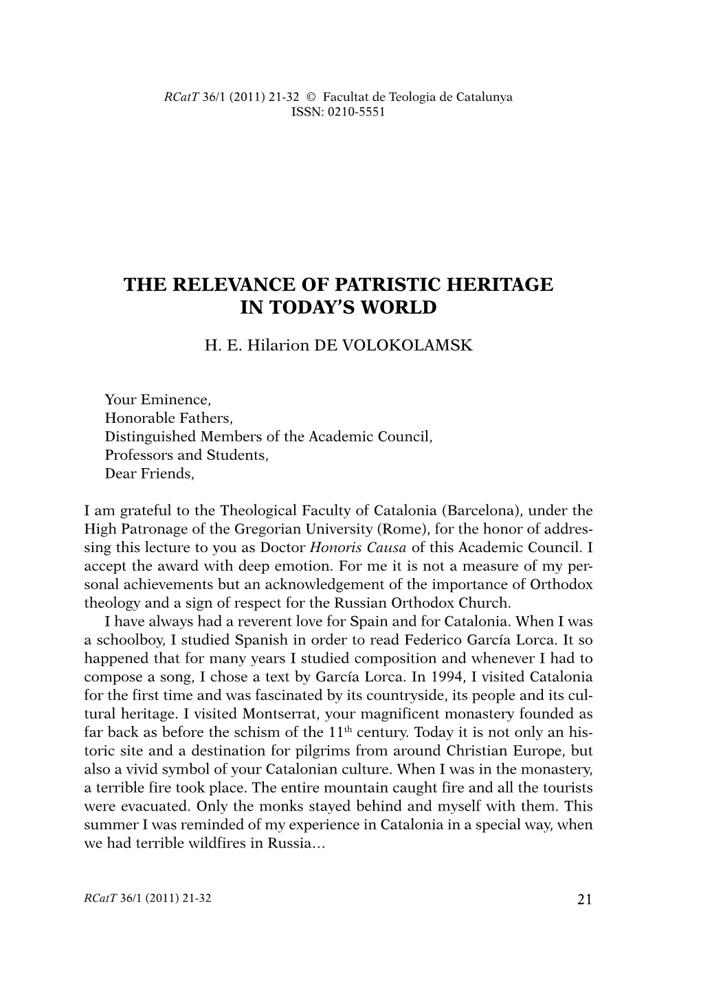 The Relevance of Patristic Heritage in Today's World