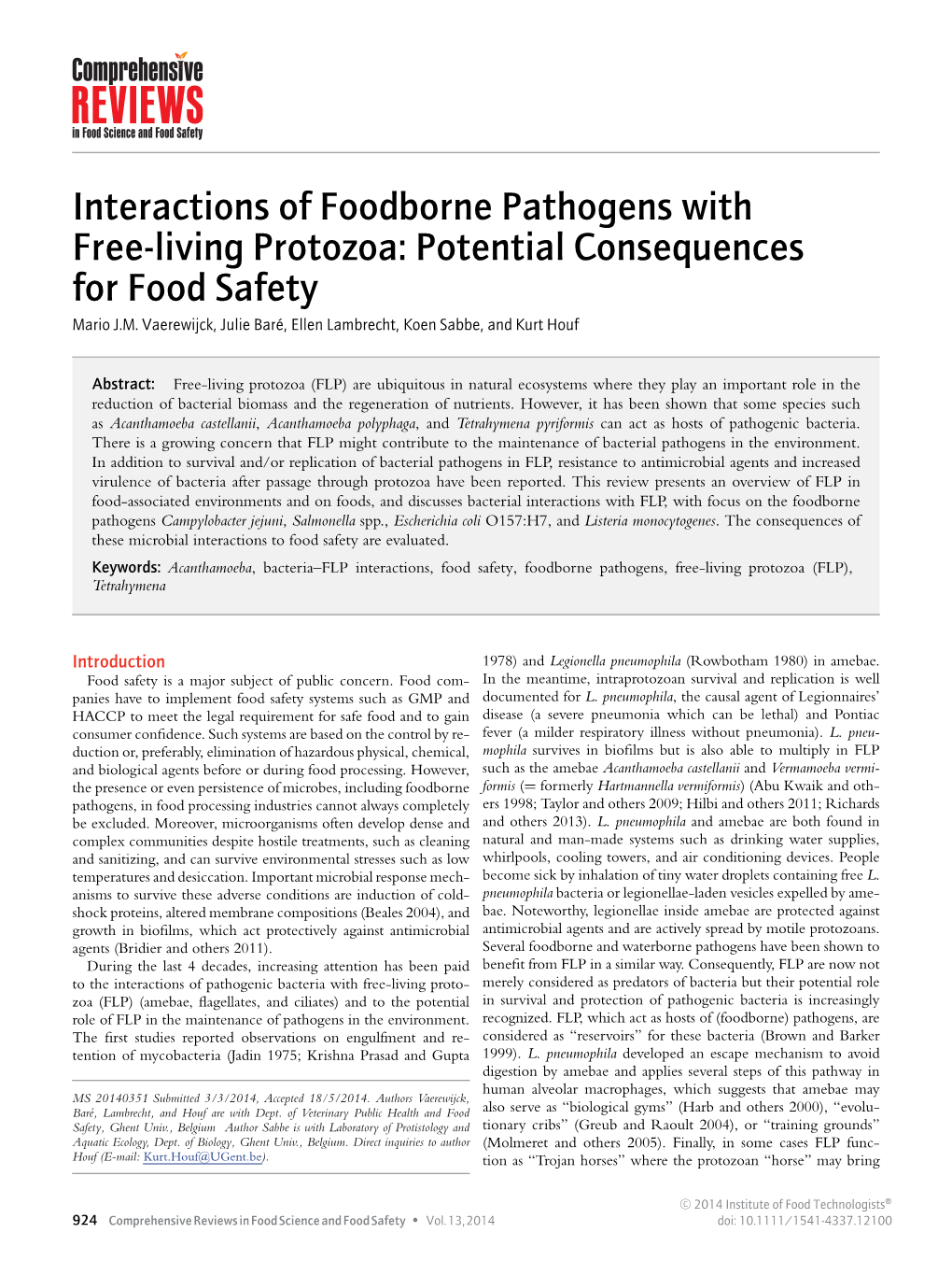 Interactions of Foodborne Pathogens with Freeliving Protozoa