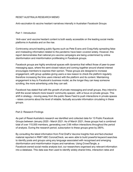 RESET AUSTRALIA RESEARCH MEMO Anti-Vaccination & Vaccine Hesitant Narratives Intensify in Australian Facebook Groups Part 1