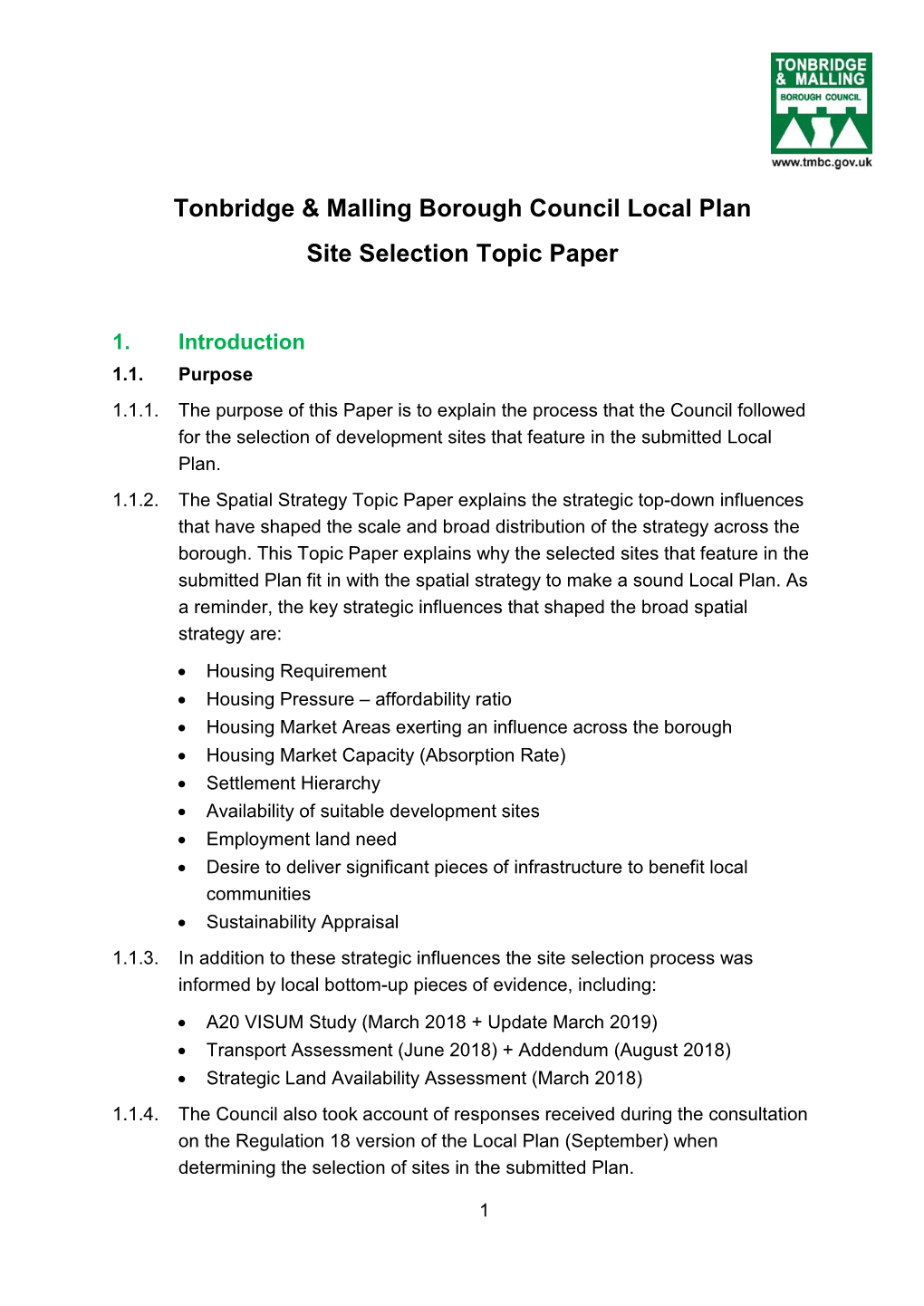 Tonbridge & Malling Borough Council Local Plan Site Selection Topic Paper