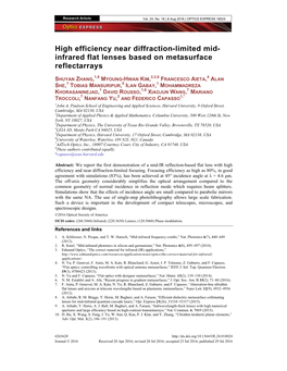 High Efficiency Near Diffraction-Limited Mid- Infrared Flat Lenses Based on Metasurface Reflectarrays