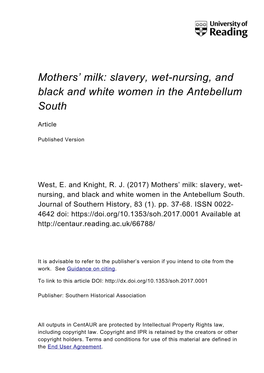 Slavery, Wet-Nursing, and Black and White Women in the Antebellum South