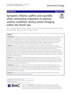 Sympatric Atlantic Puffins and Razorbills Show Contrasting Responses to Adverse Marine Conditions During Winter Foraging Within the North Sea Katie St