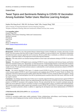 Tweet Topics and Sentiments Relating to COVID-19 Vaccination Among Australian Twitter Users: Machine Learning Analysis