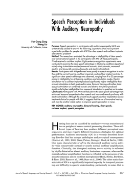 Speech Perception in Individuals with Auditory Neuropathy