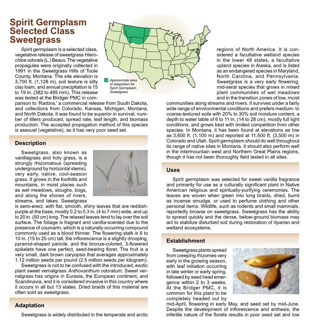 Spirit Germplasm Selected Class Sweetgrass Spirit Germplasm Is a Selected Class, Regions of North America