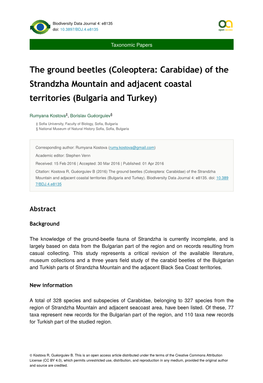 Coleoptera: Carabidae) of the Strandzha Mountain and Adjacent Coastal Territories (Bulgaria and Turkey)