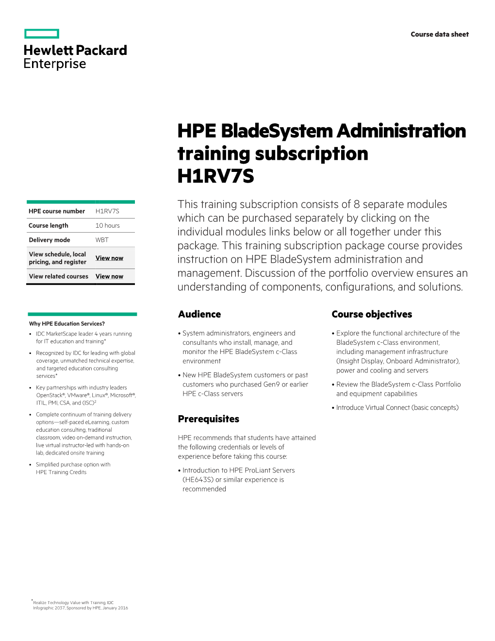 HPE Bladesystem Administration Training Subscription H1RV7S