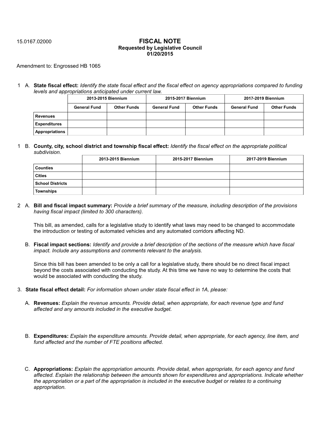 FISCAL NOTE Requested by Legislative Council 01/20/2015