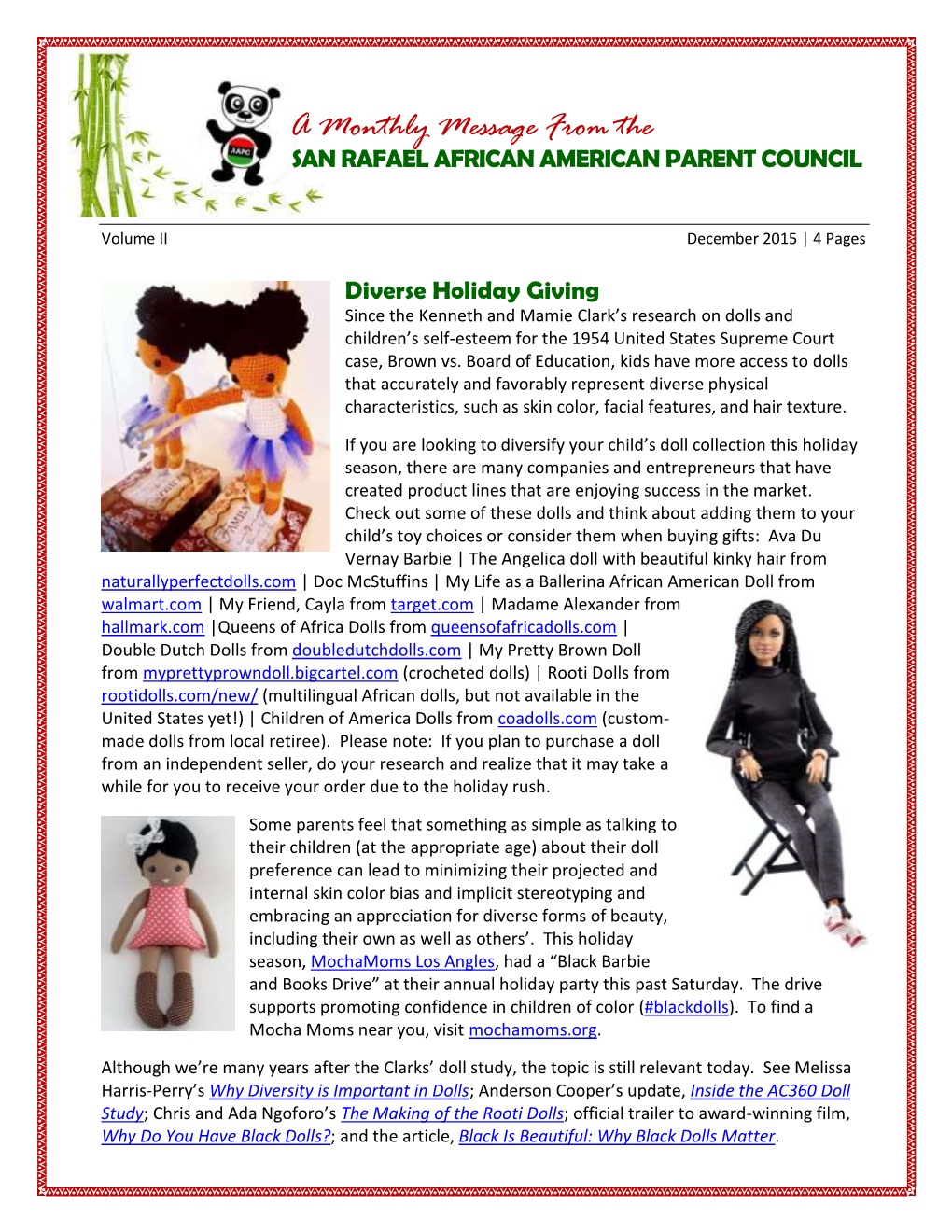 A Monthly Message from the SAN RAFAEL AFRICAN AMERICAN PARENT COUNCIL