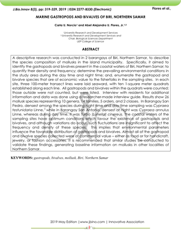 MARINE GASTROPODS and BIVALVES of BIRI, NORTHERN SAMAR ABSTRACT a Descriptive Research Was Conducted in 2 Barangays of Biri