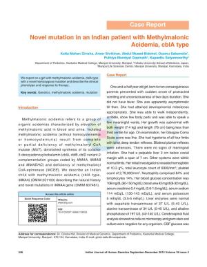 Novel Mutation in an Indian Patient with Methylmalonic Acidemia, Cbla Type
