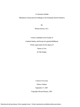 A Cinematic Intifada Palestinian Cinema and the Challenge to the Dominant Zionist Narrative by Mounir Khoury, B.A. a Thesis Subm