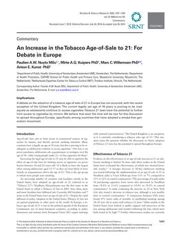 An Increase in the Tobacco Age-Of-Sale to 21: for Debate in Europe Paulien A.W