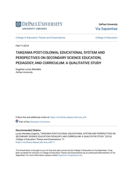 Tanzania Post-Colonial Educational System and Perspectives on Secondary Science Education, Pedagogy, and Curriculum: a Qualitative Study