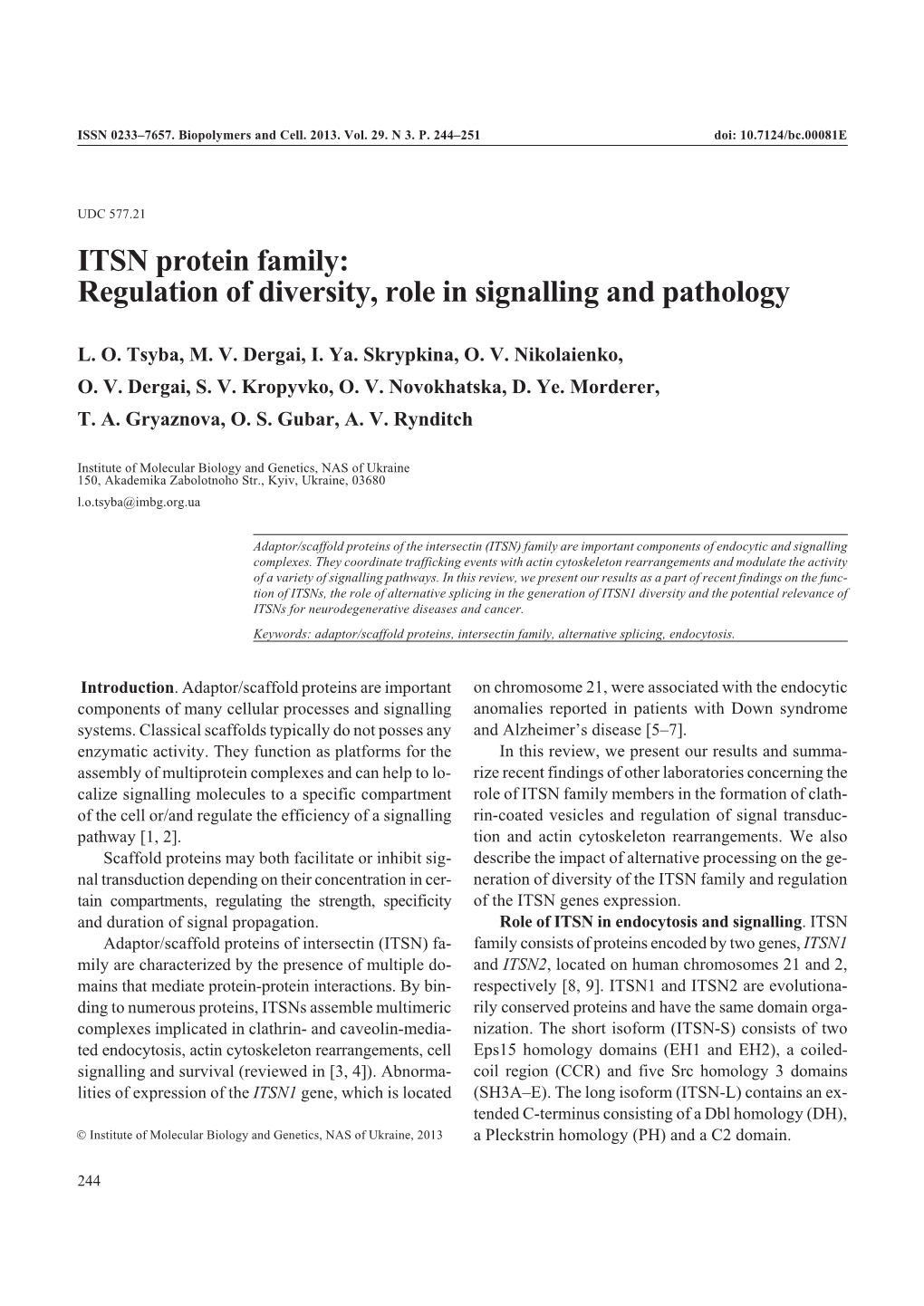 ITSN Protein Family: Regulation of Diversity, Role in Signalling and Pathology