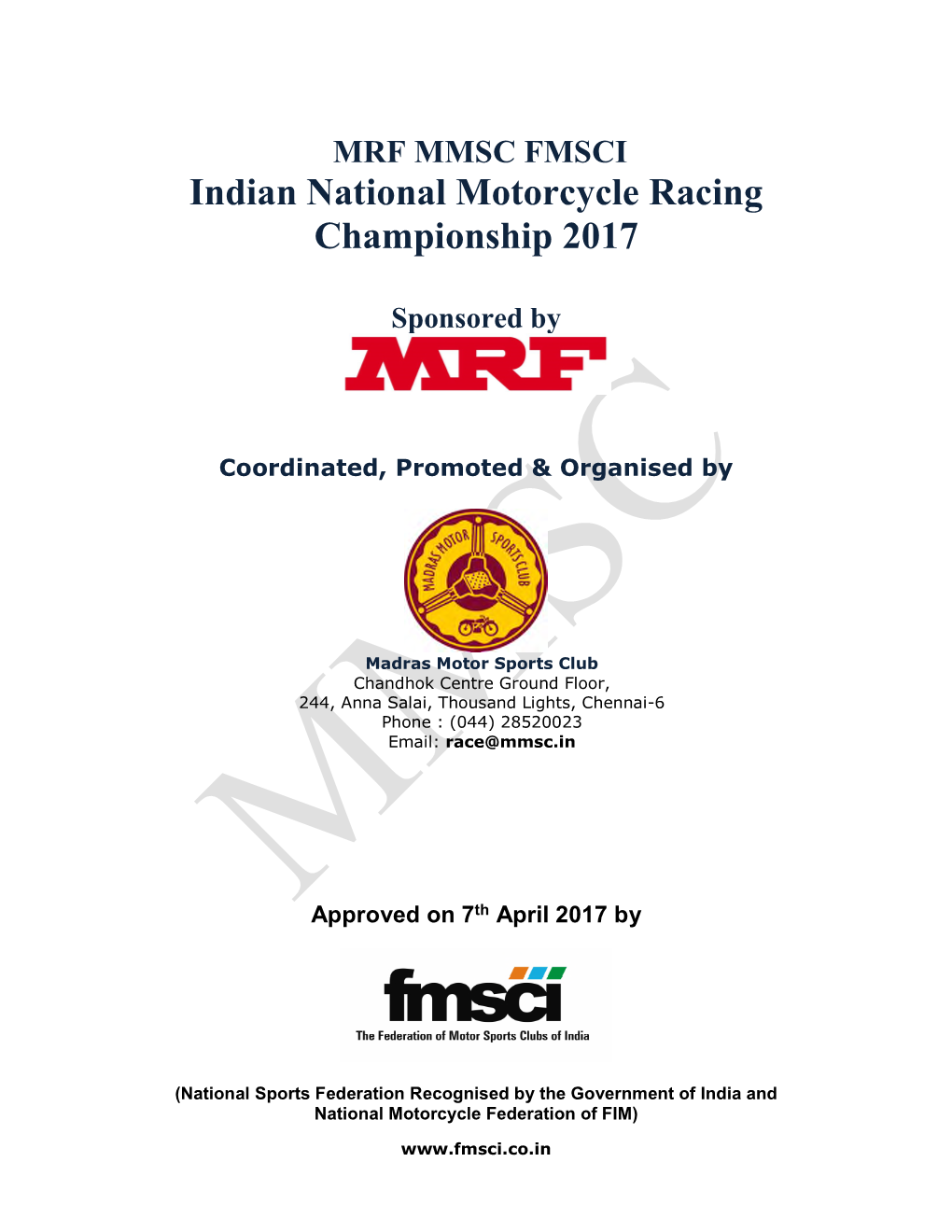 MMSC FMSCI Indian National Motorcycle Racing Championship 2017