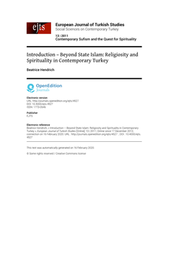 European Journal of Turkish Studies, 13 | 2011 Introduction – Beyond State Islam: Religiosity and Spirituality in Contempora