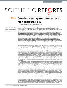 Creating New Layered Structures at High Pressures: Sis2 Dušan Plašienka1, Roman Martoňák1 & Erio Tosatti2,3