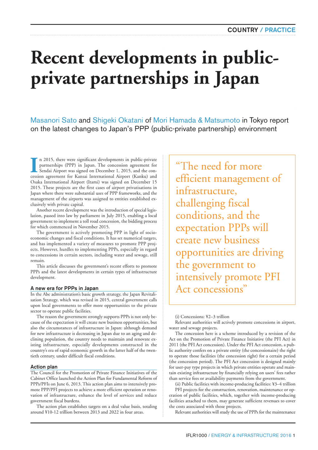 Recent Developments in Public- Private Partnerships in Japan