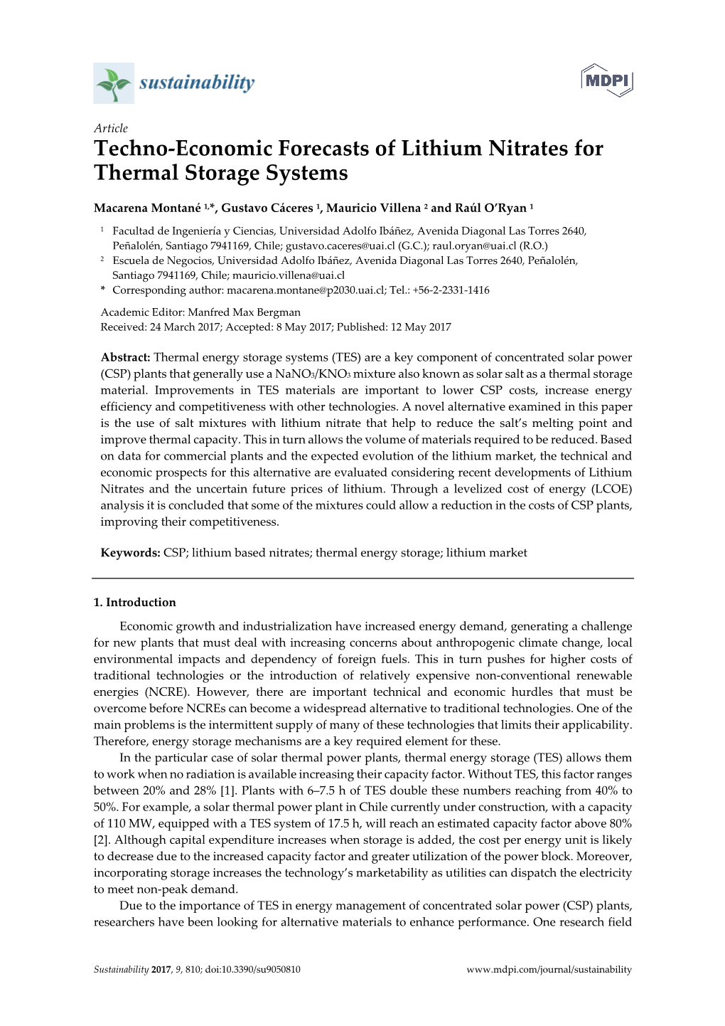 Techno-Economic Forecasts of Lithium Nitrates for Thermal Storage Systems