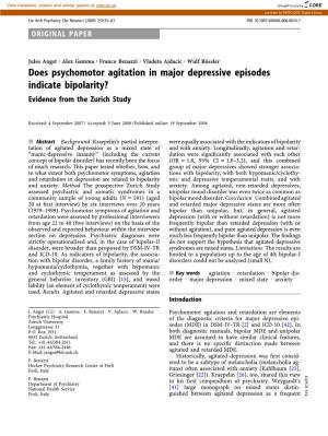 Does Psychomotor Agitation in Major Depressive Episodes Indicate Bipolarity? Evidence from the Zurich Study